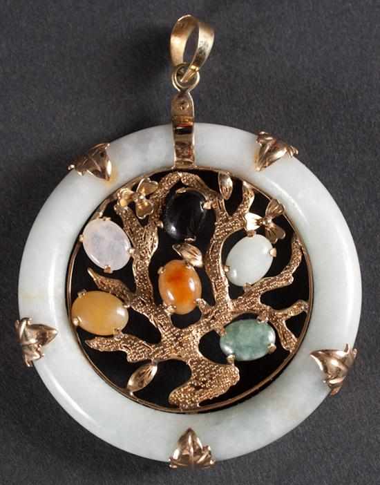 Appraisal: Chinese K yellow gold jade and multicolored cabochon stone pendant