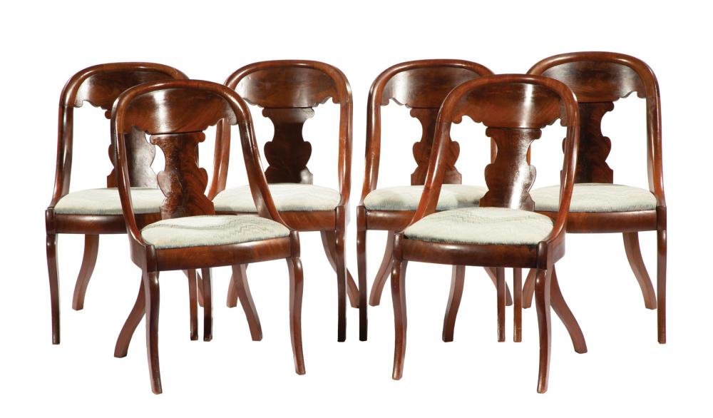 Appraisal: Six Antique American Classical Carved Mahogany Side Chairs scrolled crest