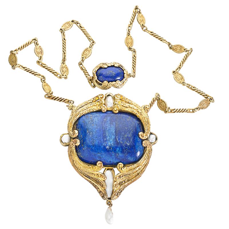 Appraisal: LAPIS PEARL VERMEIL NECKLACE AFTER L C TIFFANY Early th