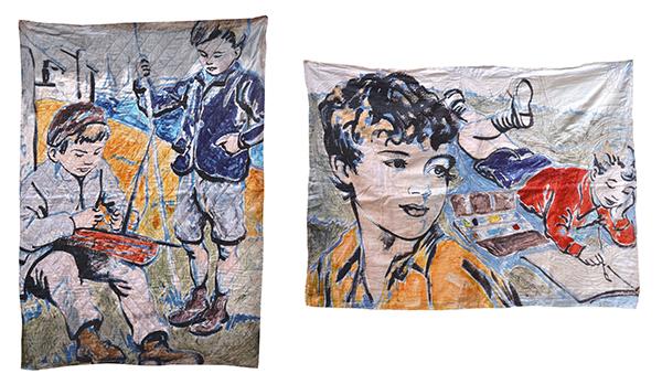 Appraisal: TWO QUILTS WITH PRINTED DAVID BROMLEY ARTWORK HEIGHT X CM