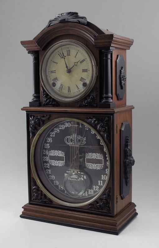 Appraisal: ITHACA CALENDAR CLOCK CO DUAL DIAL SHELF CLOCK Walnut case