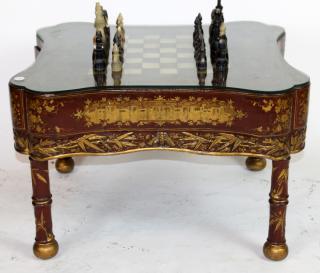 Appraisal: Chinoserie game table with horn chess set Chinoserie painted game