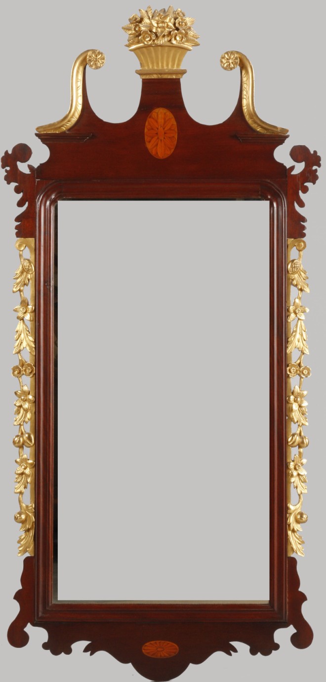 Appraisal: Mahogany and gilt gesso carved frame mirror broken arch pediment