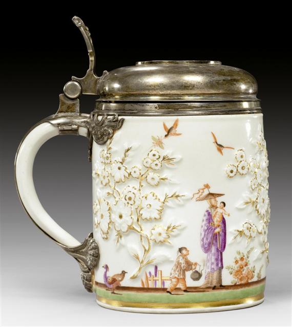 Appraisal: TANKARD WITH CHINOISERIE DECORATION MEISSEN CIRCA - With silver mount