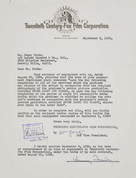 Appraisal: HENRY FONDA Typed letter signed by Fonda agreeing to the