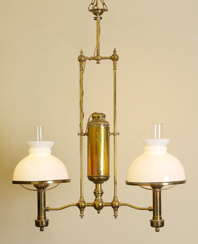 Appraisal: HANGING DOUBLE STUDENT LAMP Converted to electric all brass frame