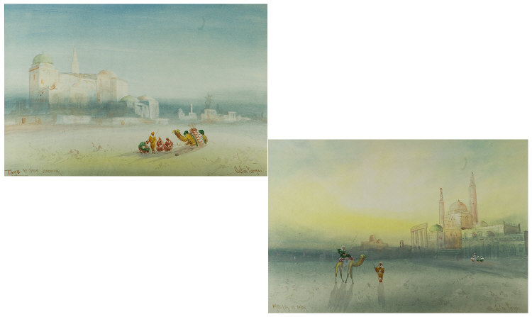 Appraisal: Pair Of Watercolours Showing Desert Scenes Indistinct Signature