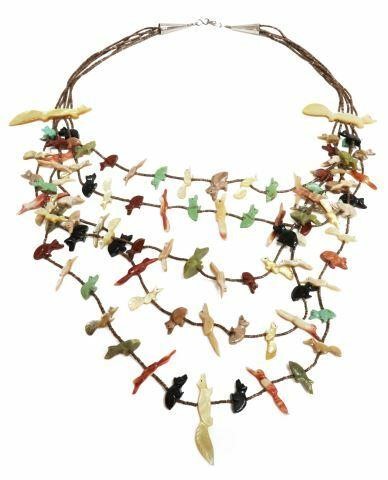 Appraisal: Native American five-strand fetish necklace likely Zuni heishi shell strands