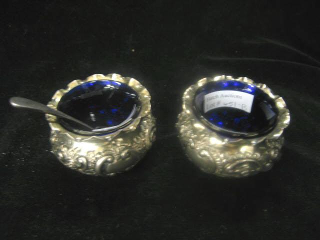 Appraisal: Pair of Victorian English Silverplate Salt Cellars cobalt liners with