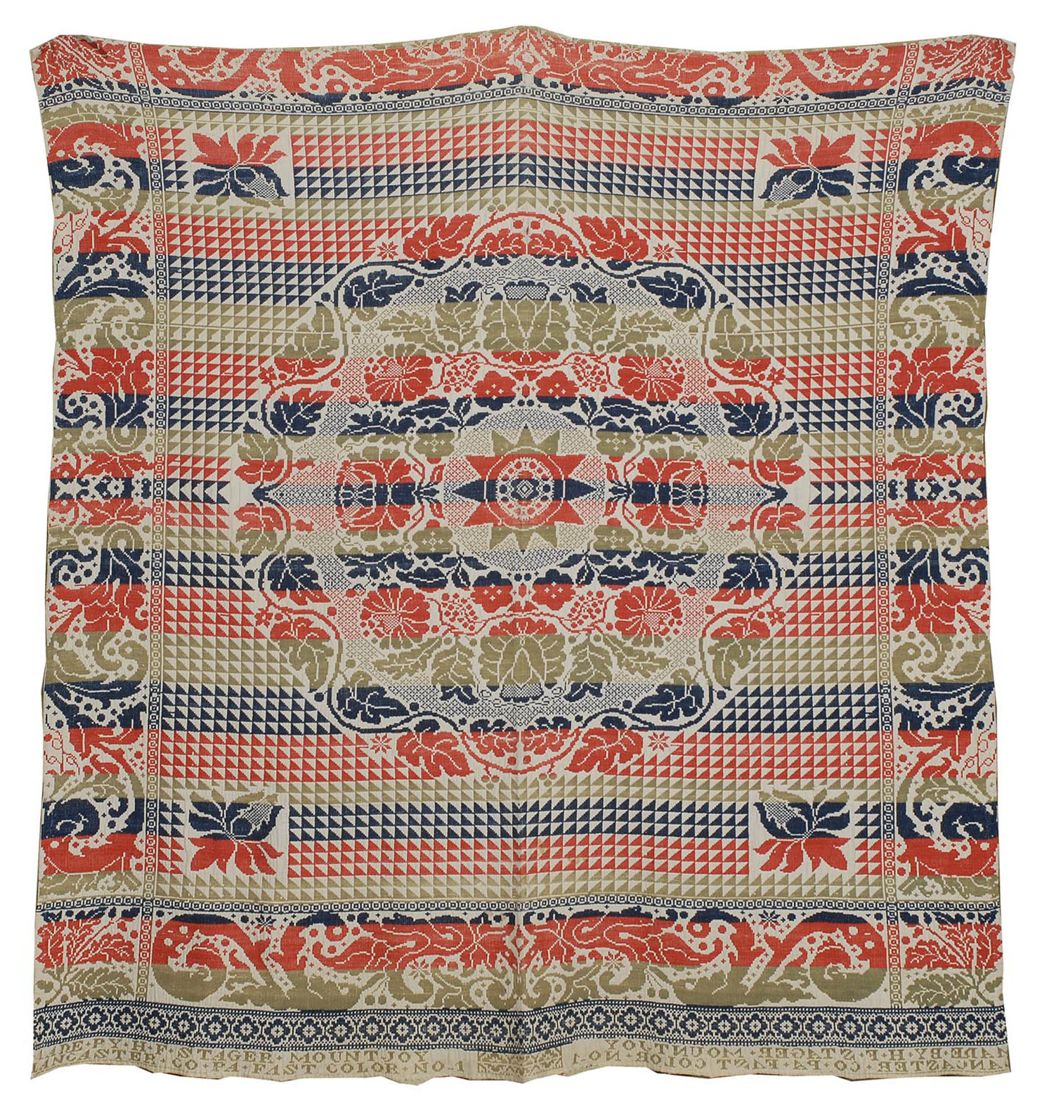 Appraisal: TH CENTURY OVERSHOT COVERLET in red blue and green on