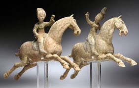 Appraisal: PAIR EARLY TANG POTTERY POLO PLAYERS Pair Chinese early Tang