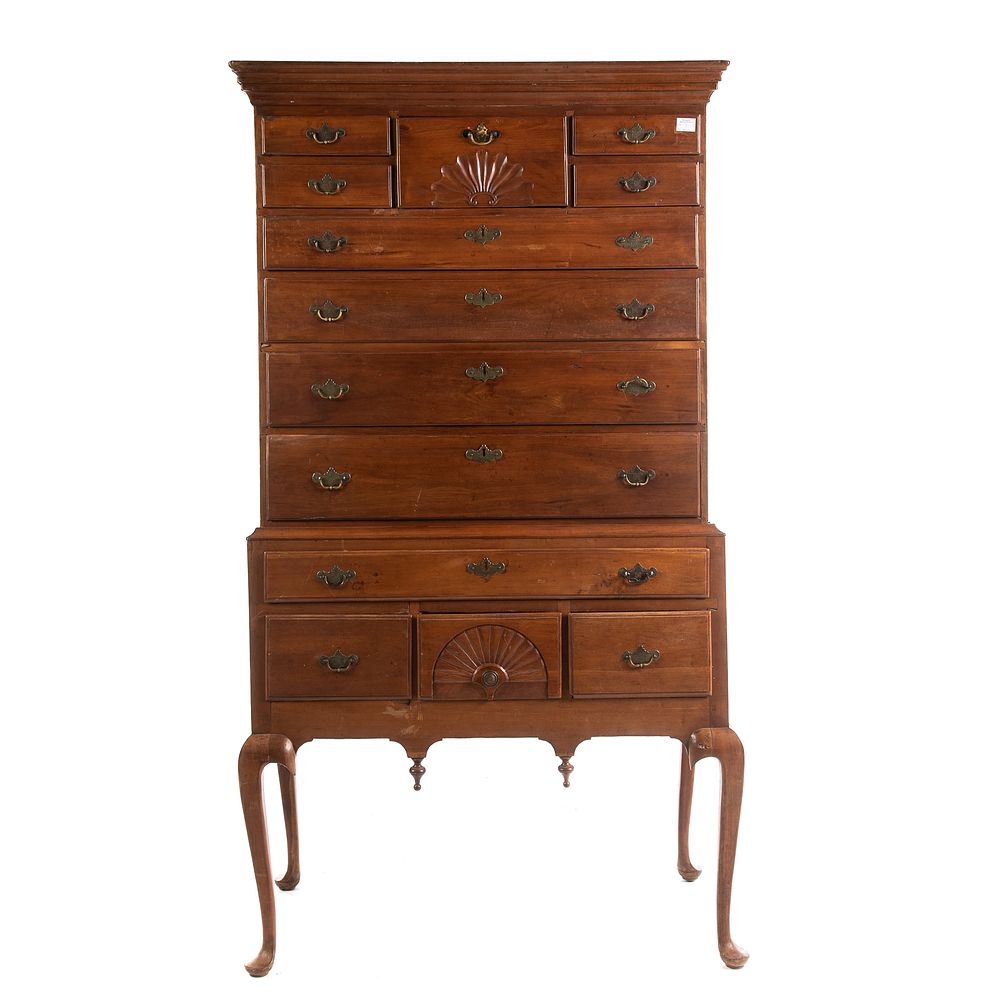 Appraisal: American Queen Anne Hardwood Highboy Circa molded cornice with shell