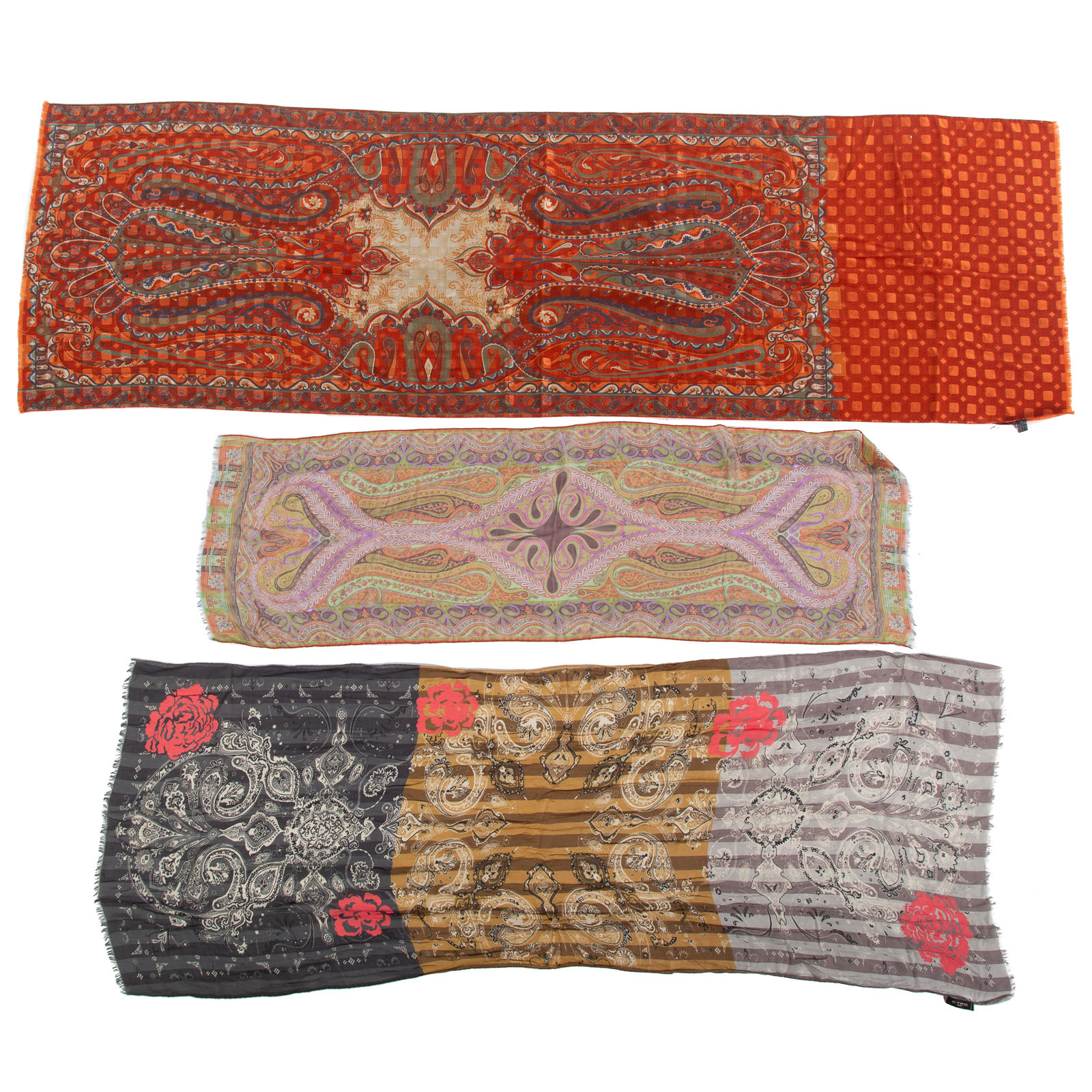 Appraisal: THREE ETRO SILK WOOL CASHMERE SCARVES An orange and multicolor