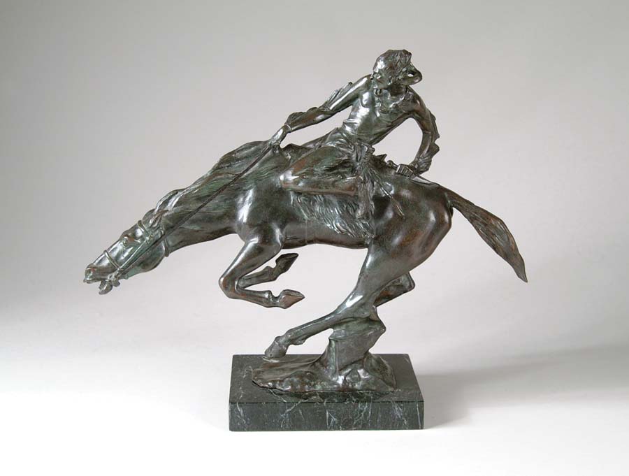 Appraisal: BRONZE INDIAN ON HORSE Action packed bronze features American Indian