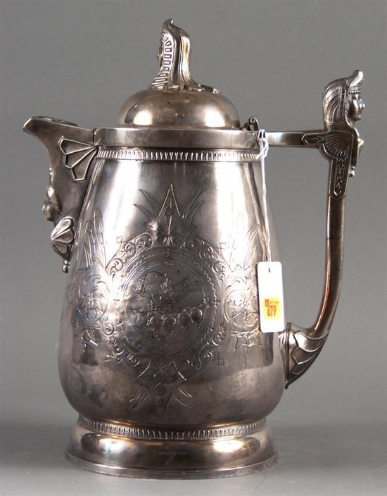 Appraisal: American Egyptian Revival silver-plated insulated water pitcher James Stimpson Baltimore