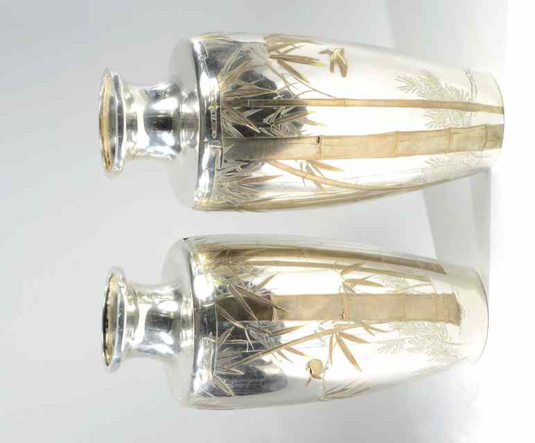 Appraisal: PAIR LARGE JAPANESE SILVER VASES baluster form each having bird