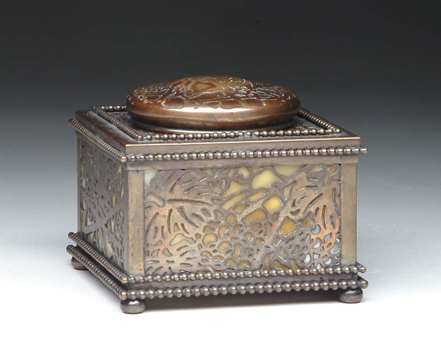 Appraisal: TIFFANY INKWELL Bronze openwork inkwell is done in grapevine pattern