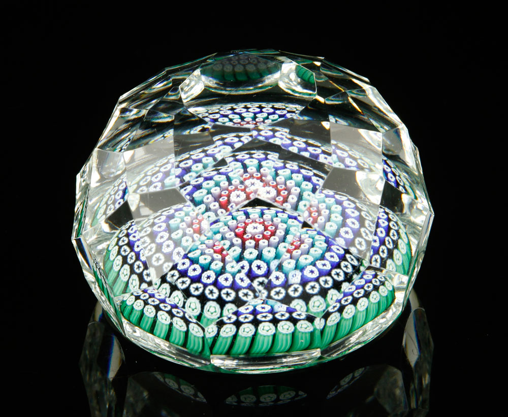 Appraisal: - Millefiori Glass Paperweight Paperweight millefiori in cut glass dia