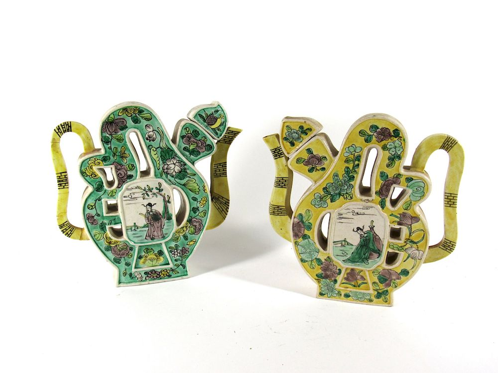 Appraisal: Pair of Famille Verte Shou Form Teapots Chinese Republic Period