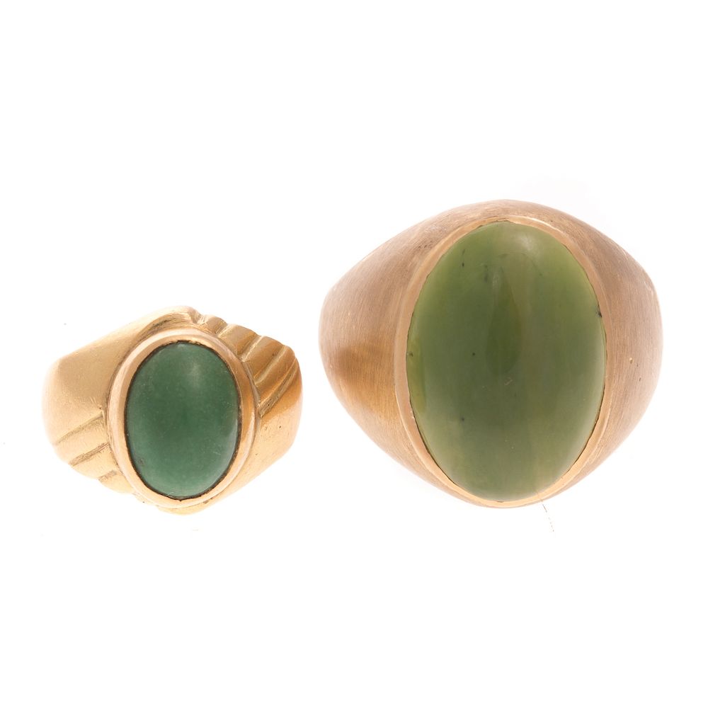 Appraisal: A Pair of Ladies Gents Jade Rings in Gold K