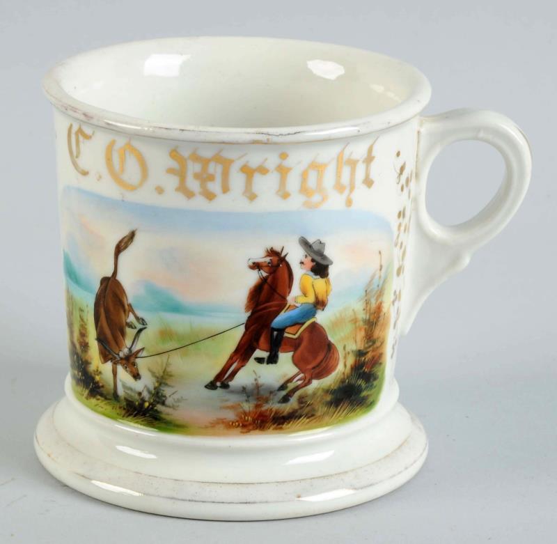 Appraisal: Cowboy Shaving Mug Mug depicts a cowboy lassoing a steer