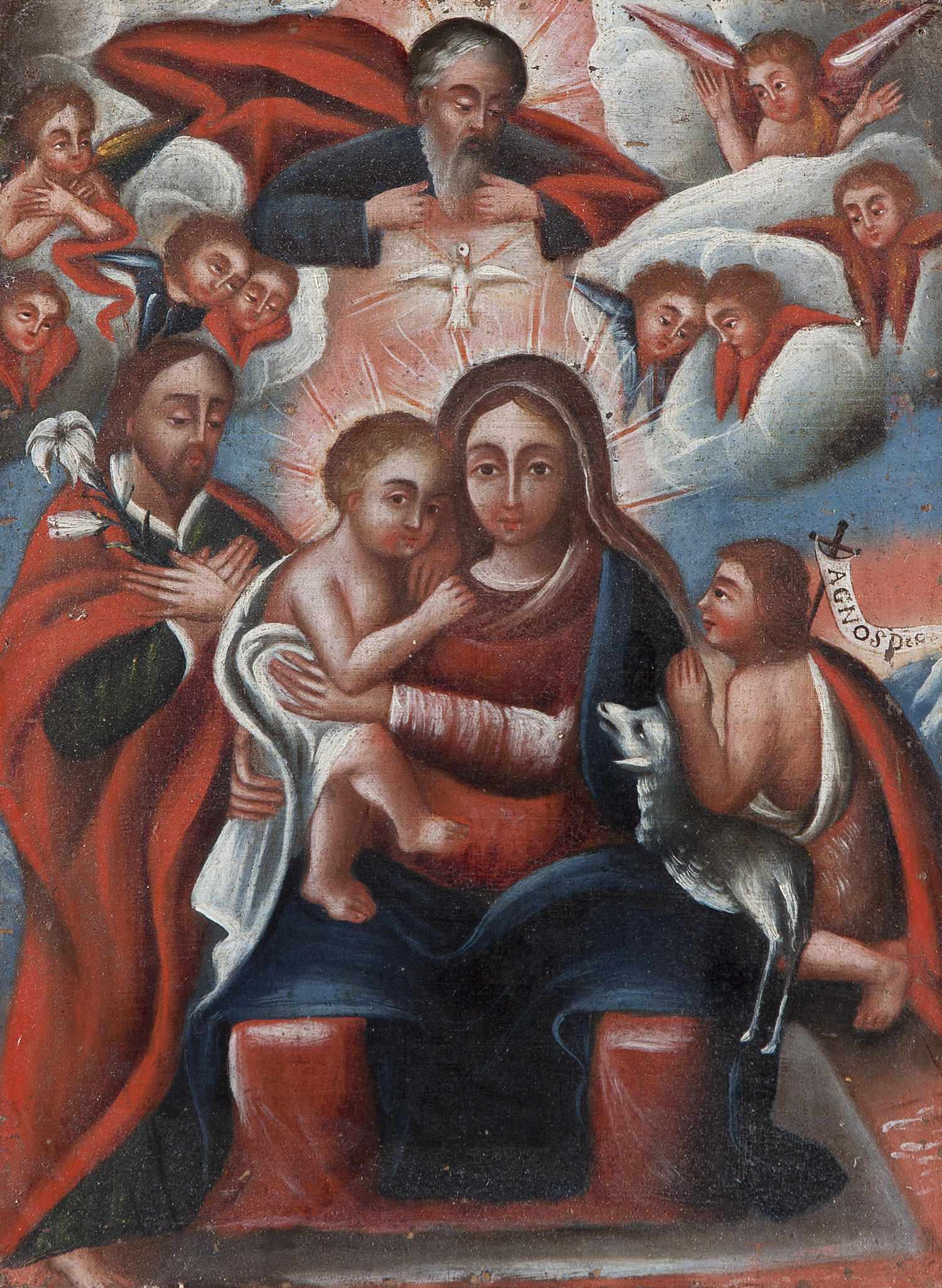 Appraisal: A Spanish paint decorated retablo depicting the Holy Family late