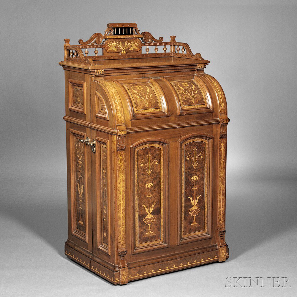 Appraisal: Joseph Moore Renaissance Revival Marquetry-inlaid Walnut Office Queen Cabinet Secretary