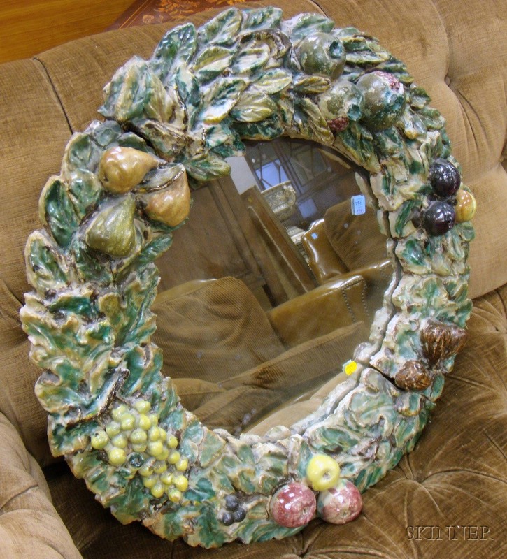 Appraisal: Della Robbia Type Majolica Glazed Ceramic Wreath with Mirror dia