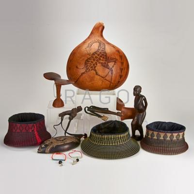 Appraisal: AFRICAN Decorative items include three Massai hats two Massai neck