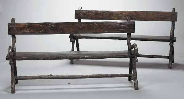 Appraisal: A Pair of Bronze Garden Benches in the rustic style