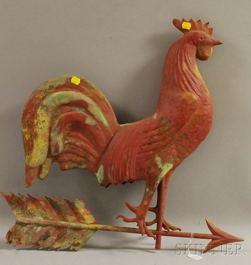 Appraisal: Red-painted Molded Copper Rooster Weather Vane figure ht in