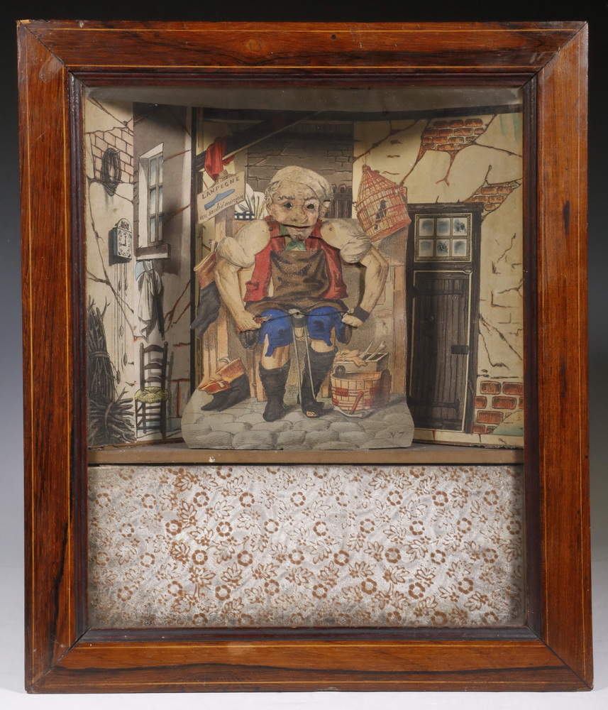 Appraisal: FRENCH PAPER LITHO CLOCK WORK AUTOMATON OF A SHOEMAKER IN