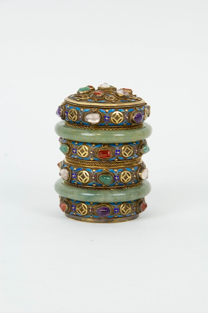 Appraisal: A Small Enamel Hardstone Mounted Bangle Box Chinese th Century