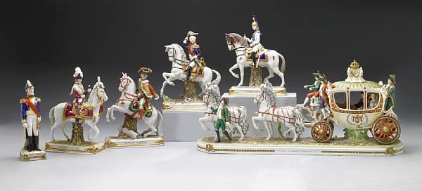 Appraisal: A German Sitzendorf porcelain coach and horse processional group Voiture