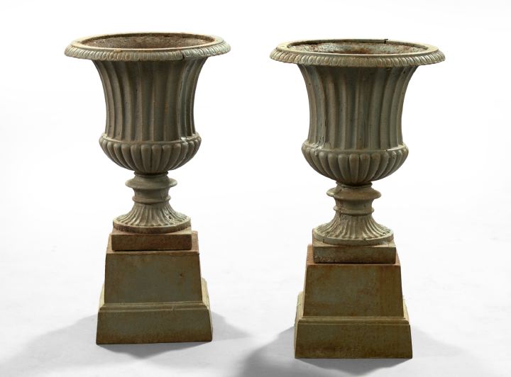 Appraisal: Pair of Neoclassical-Style Polychromed Cast-Iron Garden Urns-on-Stands of campana form