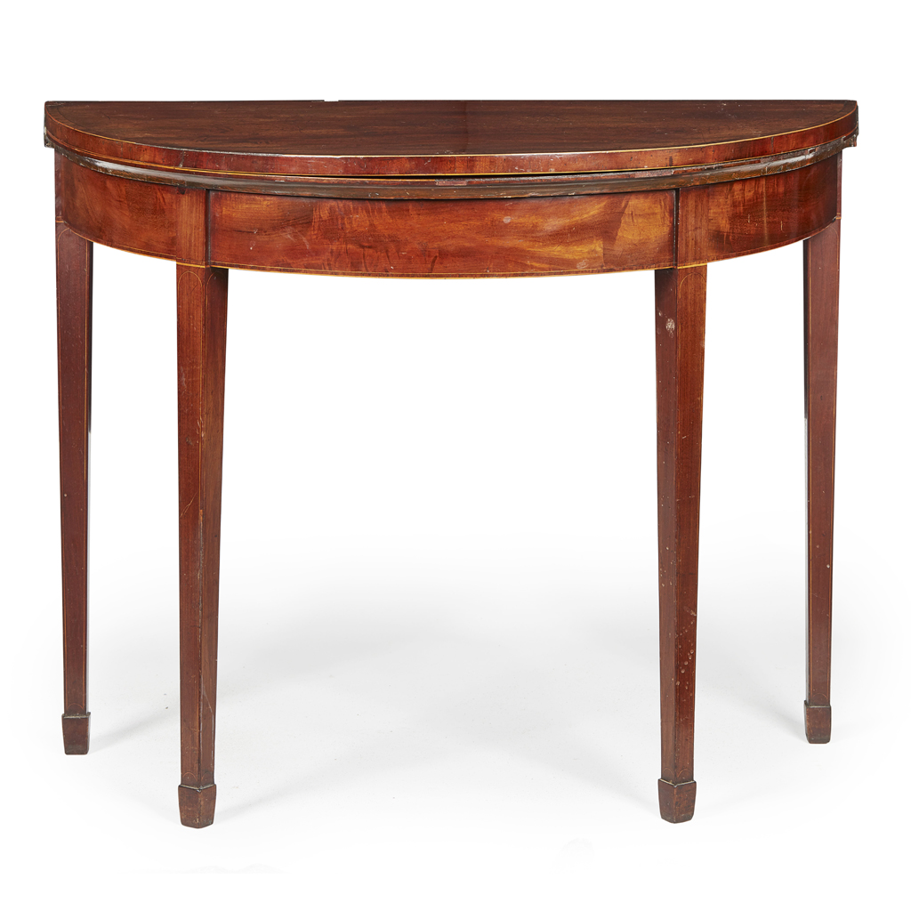 Appraisal: GEORGE III MAHOGANY DEMI LUNE FOLD-OVER TEA TABLE LATE TH