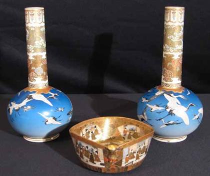 Appraisal: Pair of Satsuma bottle vases and bowl signed dai nippon