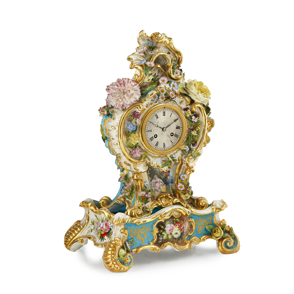 Appraisal: FRENCH JACOB PETIT PORCELAIN FLOWER ENCRUSTED MANTEL CLOCK AND STAND