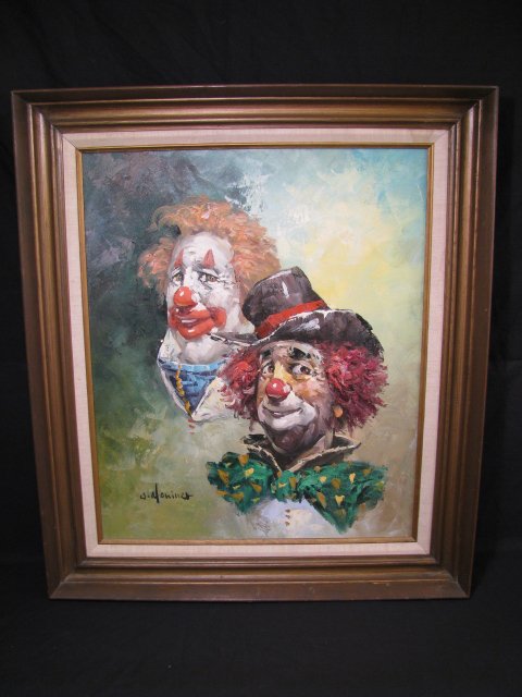 Appraisal: Oil painting on canvas depicting two clown portraits Illegibly signed