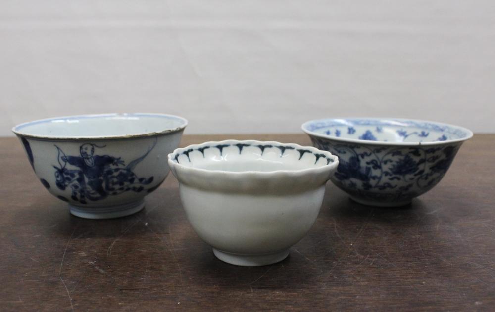 Appraisal: THREE CHINESE BLUE AND WHITE PORCELAIN BOWLS each hand painted