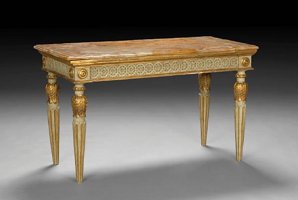 Appraisal: An Italian Neoclassical painted and parcel gilt console table composed