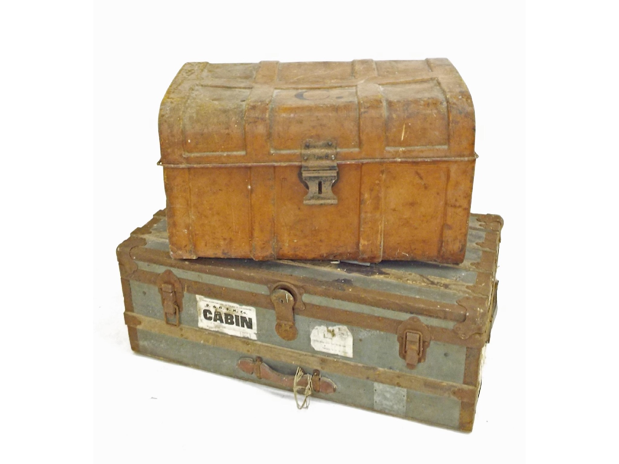 Appraisal: Vintage wood and iron bound travelling trunk with twin leather