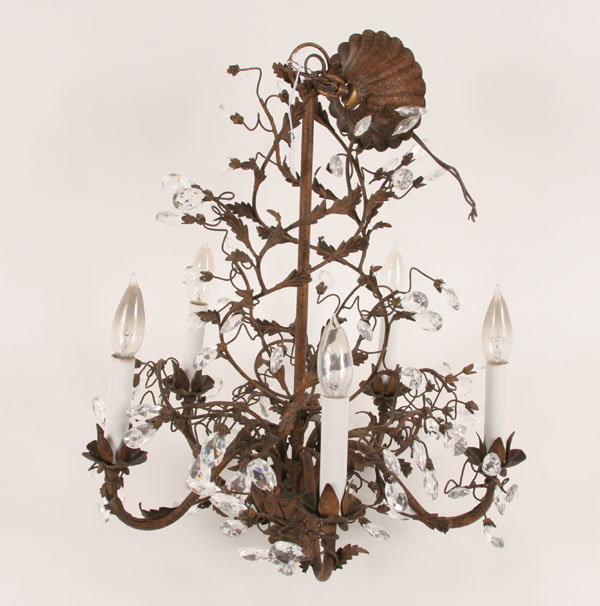 Appraisal: Patinated metal chandelier vine and prism decoration five light H