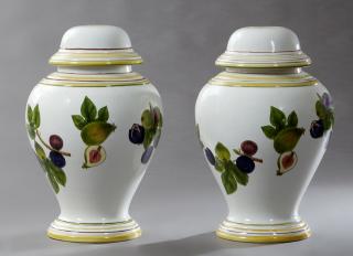 Appraisal: Pair of Large Faience Covered Jars th c with fruit