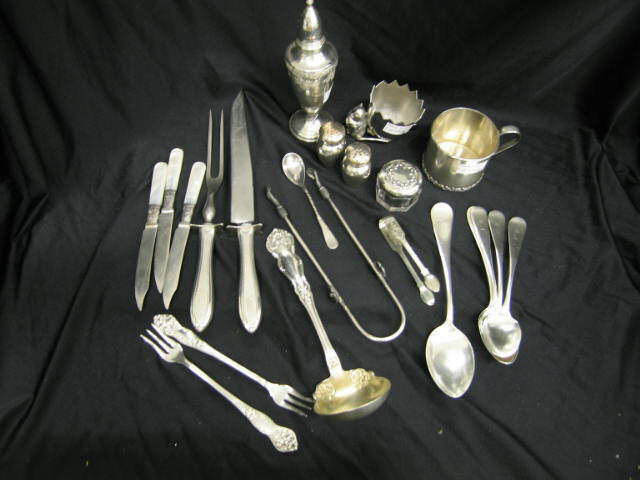 Appraisal: Sterling Silverplate Estate Lot baby mug spoons tongs rouge jar