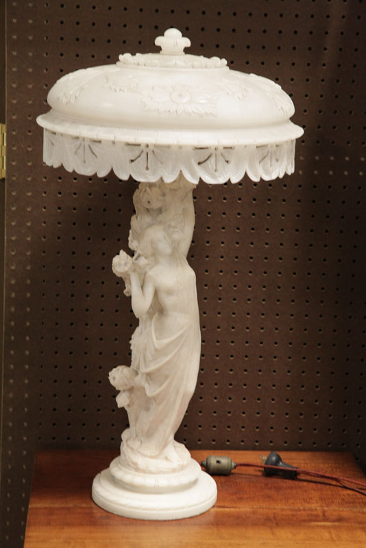 Appraisal: MARBLE TABLE LAMP Figural white marble lamp depicting a robed