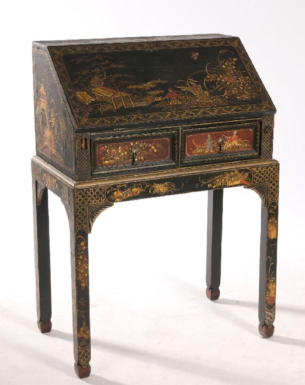 Appraisal: CHINOISERIE LACQUERED SLANT-FRONT BUREAU ON STAND EARLY th CENTURY with