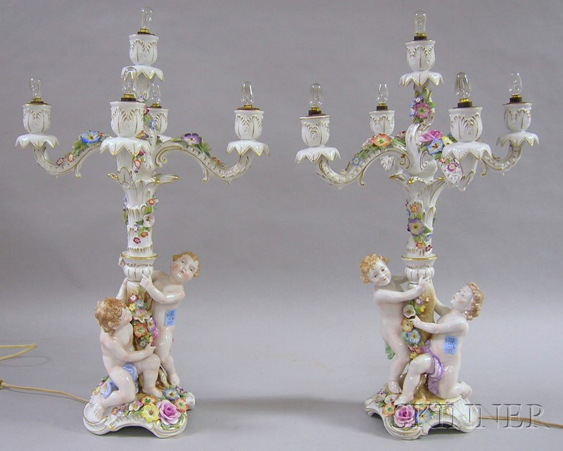 Appraisal: Pair of German Gilt and Hand-painted Encrusted Porcelain Figural Five-Light