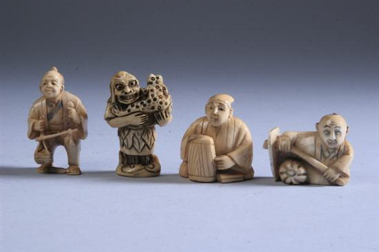 Appraisal: FOUR JAPANESE IVORY NETSUKE th century Carved to depict various