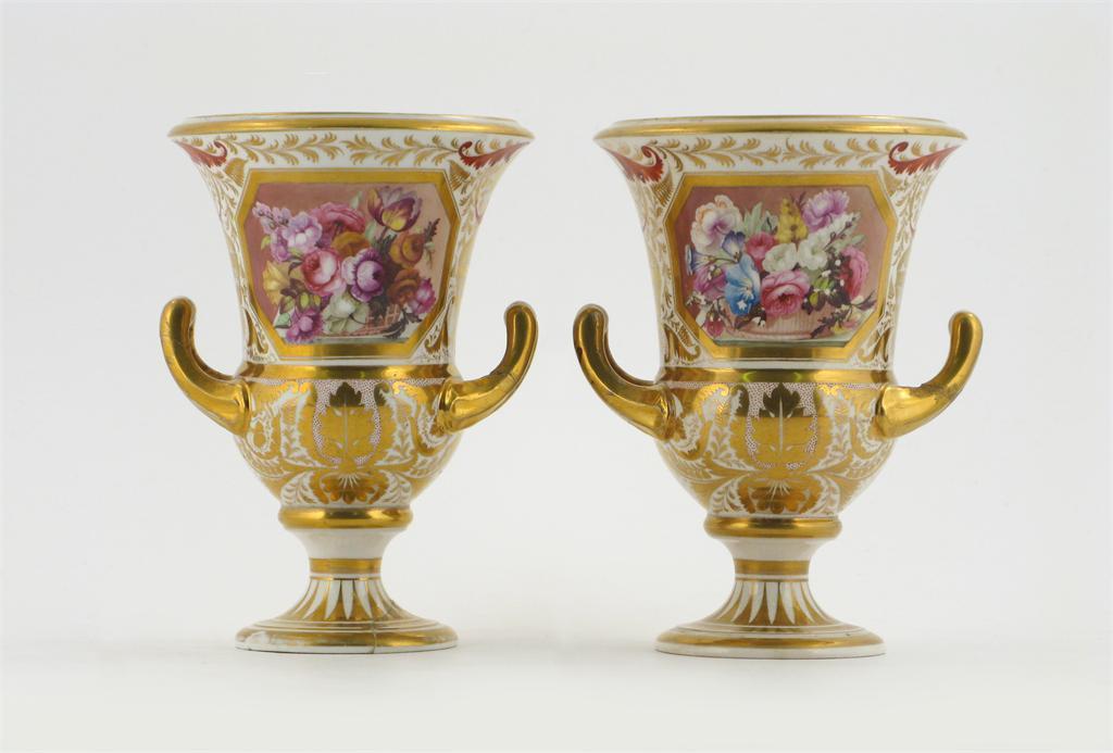 Appraisal: A pair of Derby two-handled campana vases